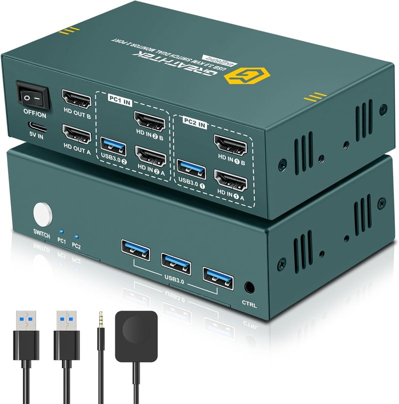 EVATEK HDMI KVM Switch 2 Monitors 2 Computers 4K@60Hz, USB3.0 KVM Switch Dual Monitor with 3 USB 3.0 Ports Sharing Keyboard and Mouse, Printer/Scanner, Desktop Controller - Image 1